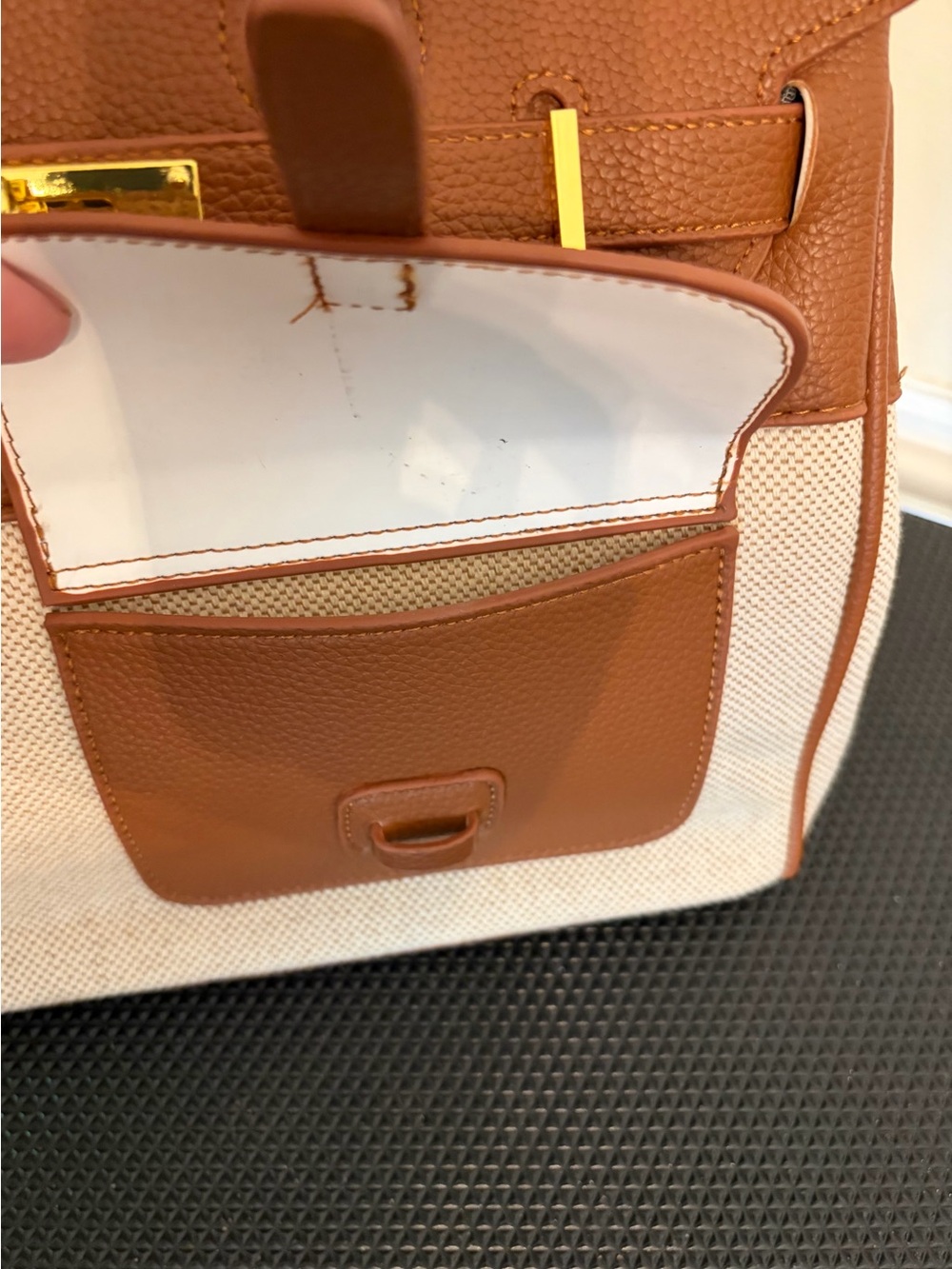 Structured vegan leather and canvas cargo top Handle Satchel - Picture 6 of 11
